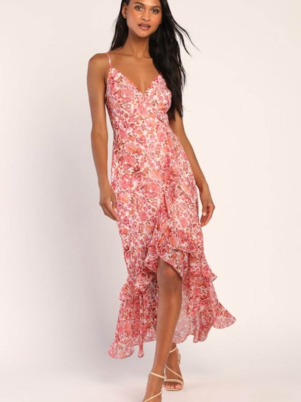 Lulus Always Enchanting Pink Floral Metallic Ruffled High-low Dress - Size M